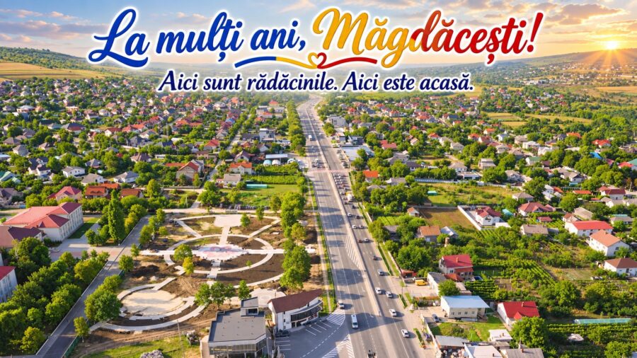 Feature image Vedere aeriană a satului Măgdăcești cu mesajul La mulți ani, Măgdăcești! Aici sunt rădăcinile. Aici este acasă.